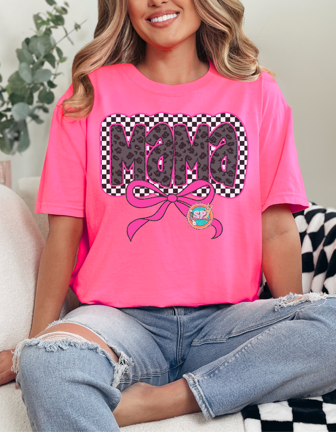 Checkered Cheetah Mama Bow Shirt