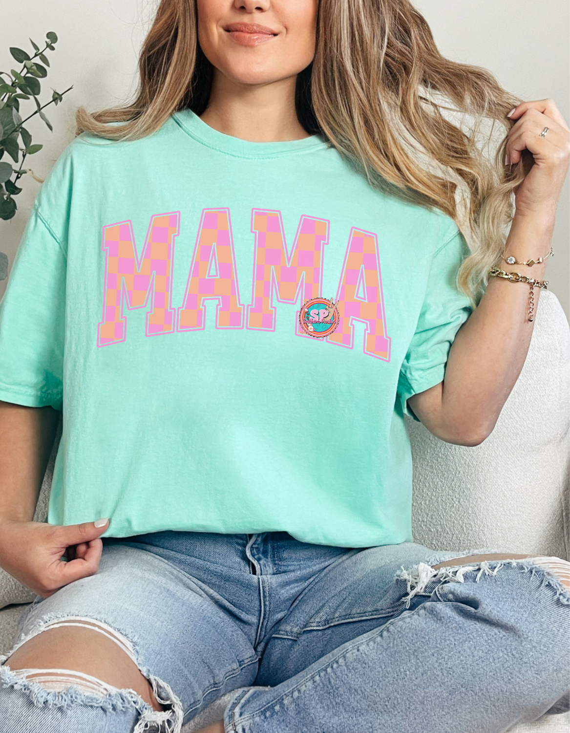 Pink And Orange Checkered Mama Shirt
