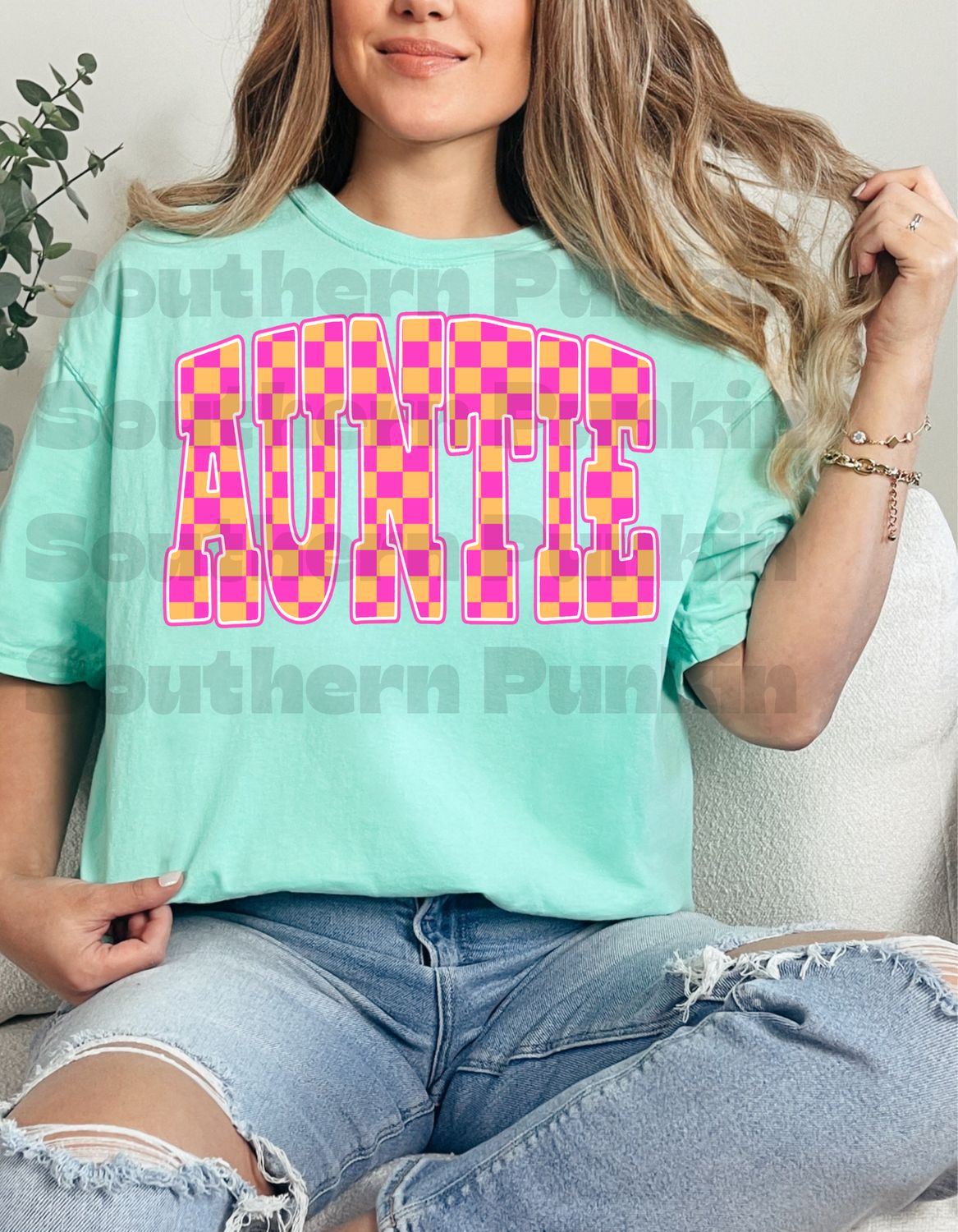 Pink And Orange Checkered Auntie Shirt