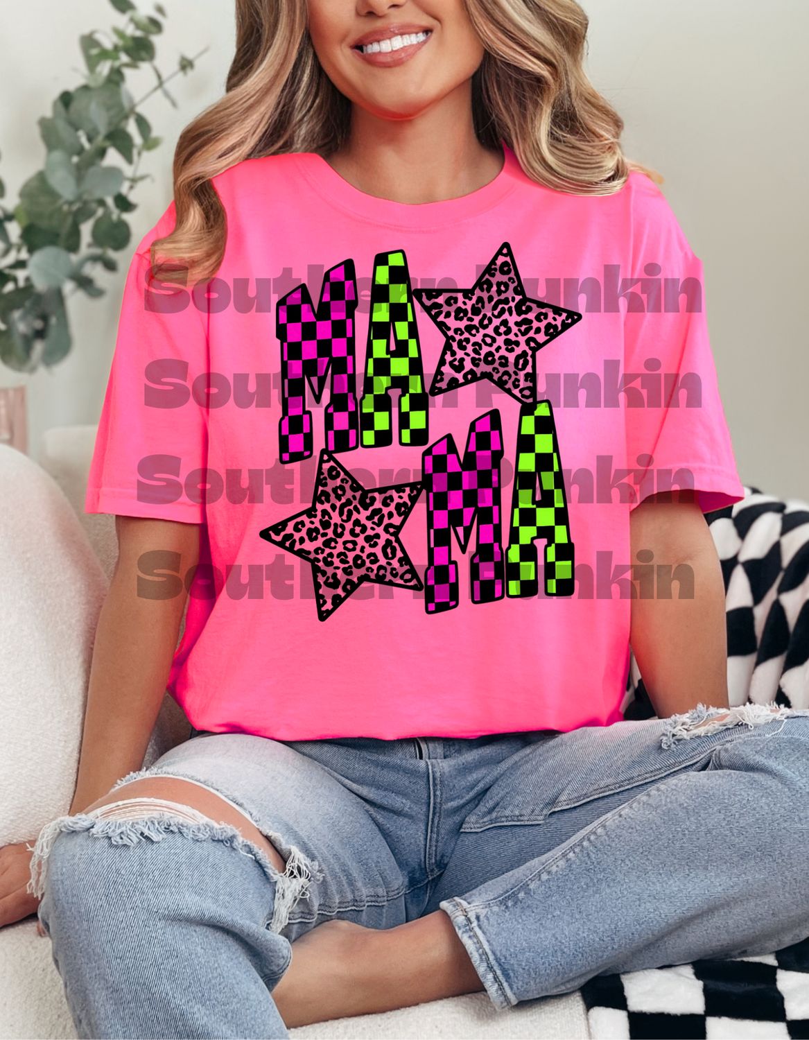 Pink And Green Checkered Mama Shirt