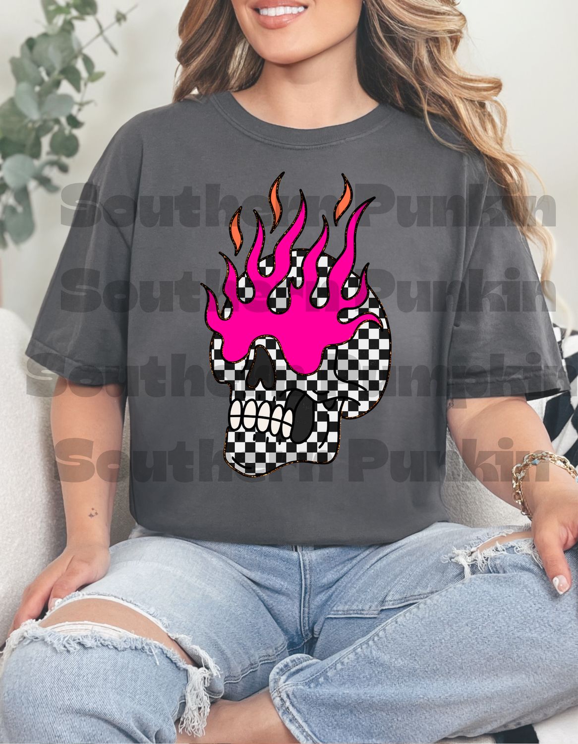 Checkered Skull Flames Shirt