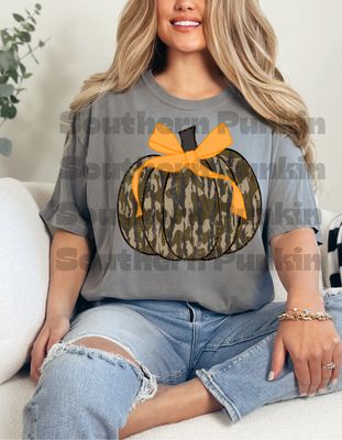 Bottomland Camo Pumpkin Orange Bow Shirt