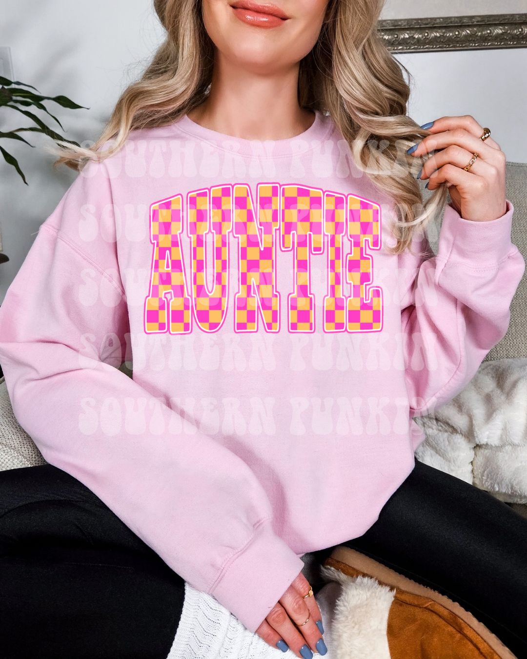 Checkered Pink And Orange Auntie Crew