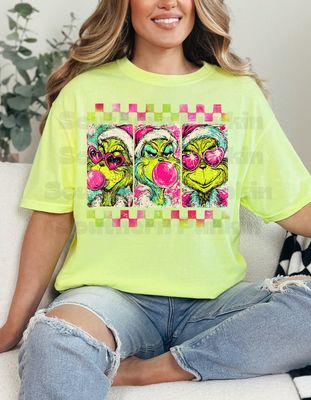 Checkered Grinch Bubble Gum Shirt