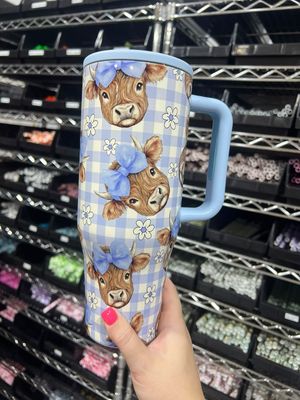 40oz Spill Proof Blue Gingham Highland Bows Tumbler