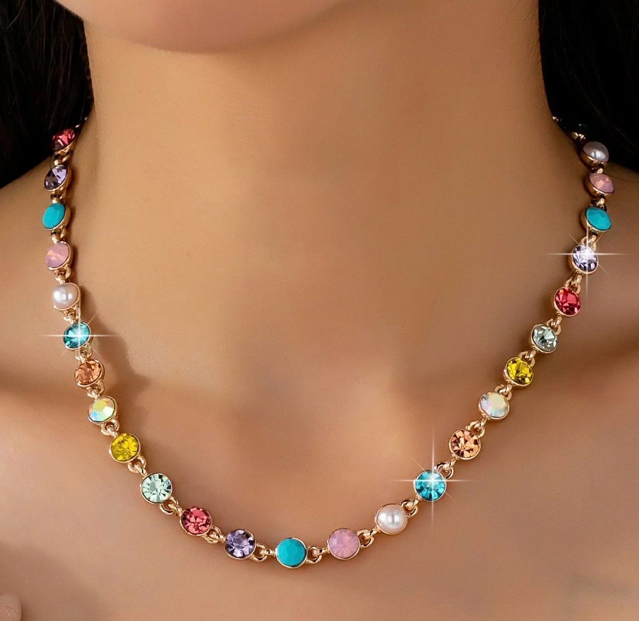 Multicolor Crystal And Pearl Necklace