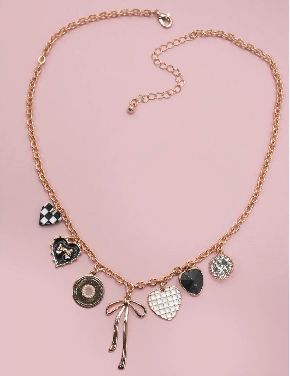 Charm Necklace Bow Checkered Heart Rhinestone