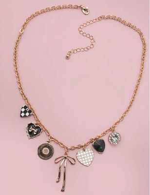Charm Necklace Bow Checkered Heart Rhinestone