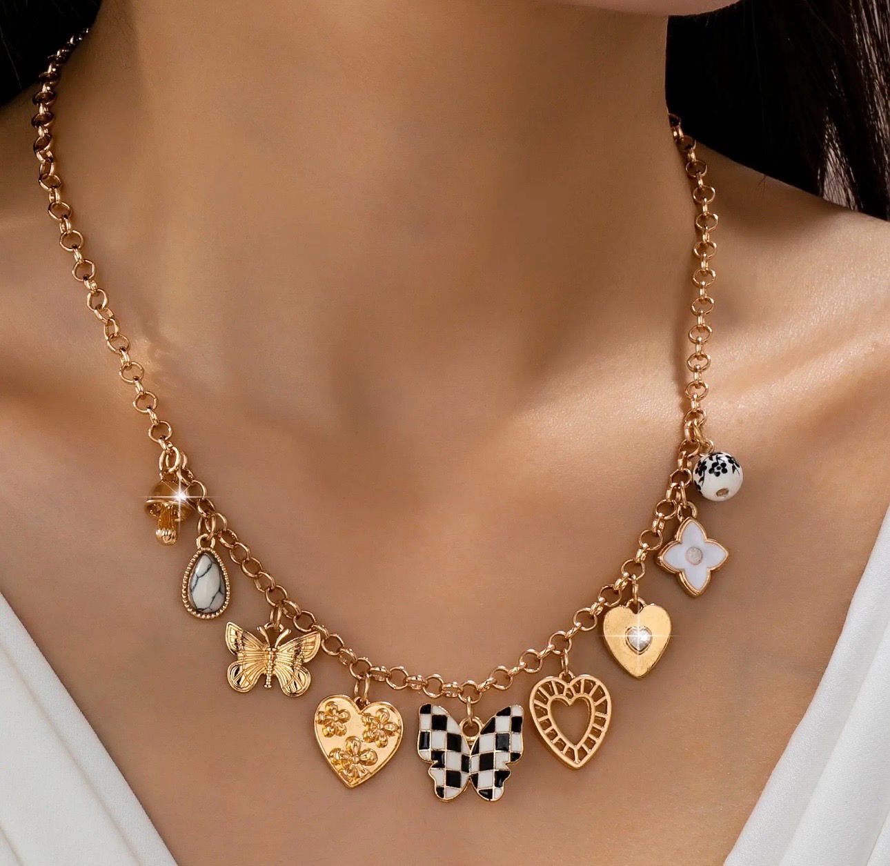 Checkered Butterfly Charm Necklace
