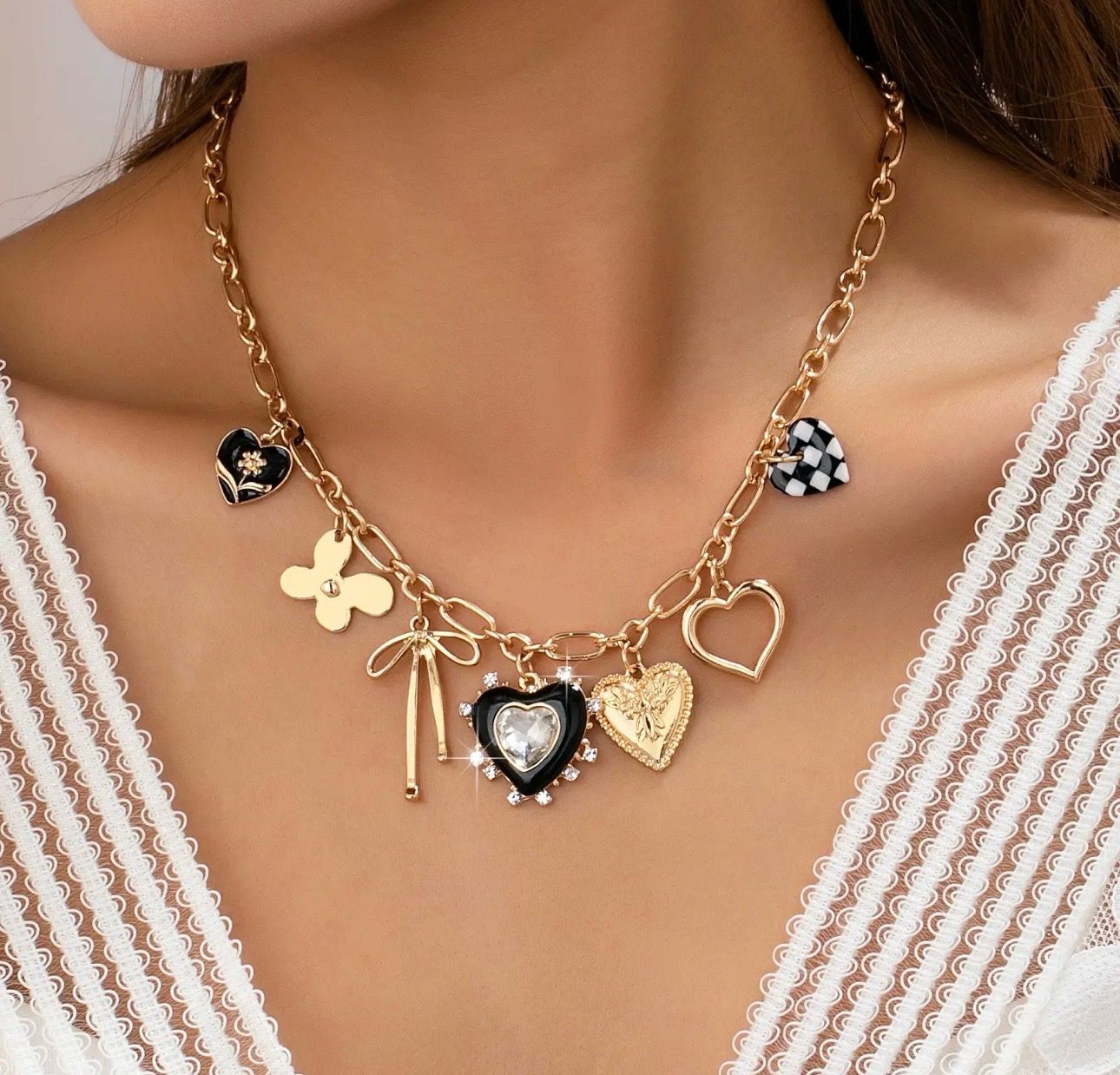 Rhinestone Heart Charm Neck
