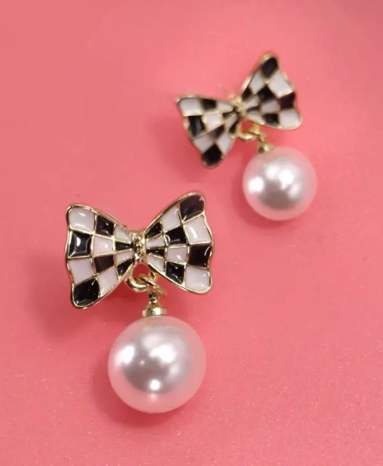 Checkered Bow Drop Earrings