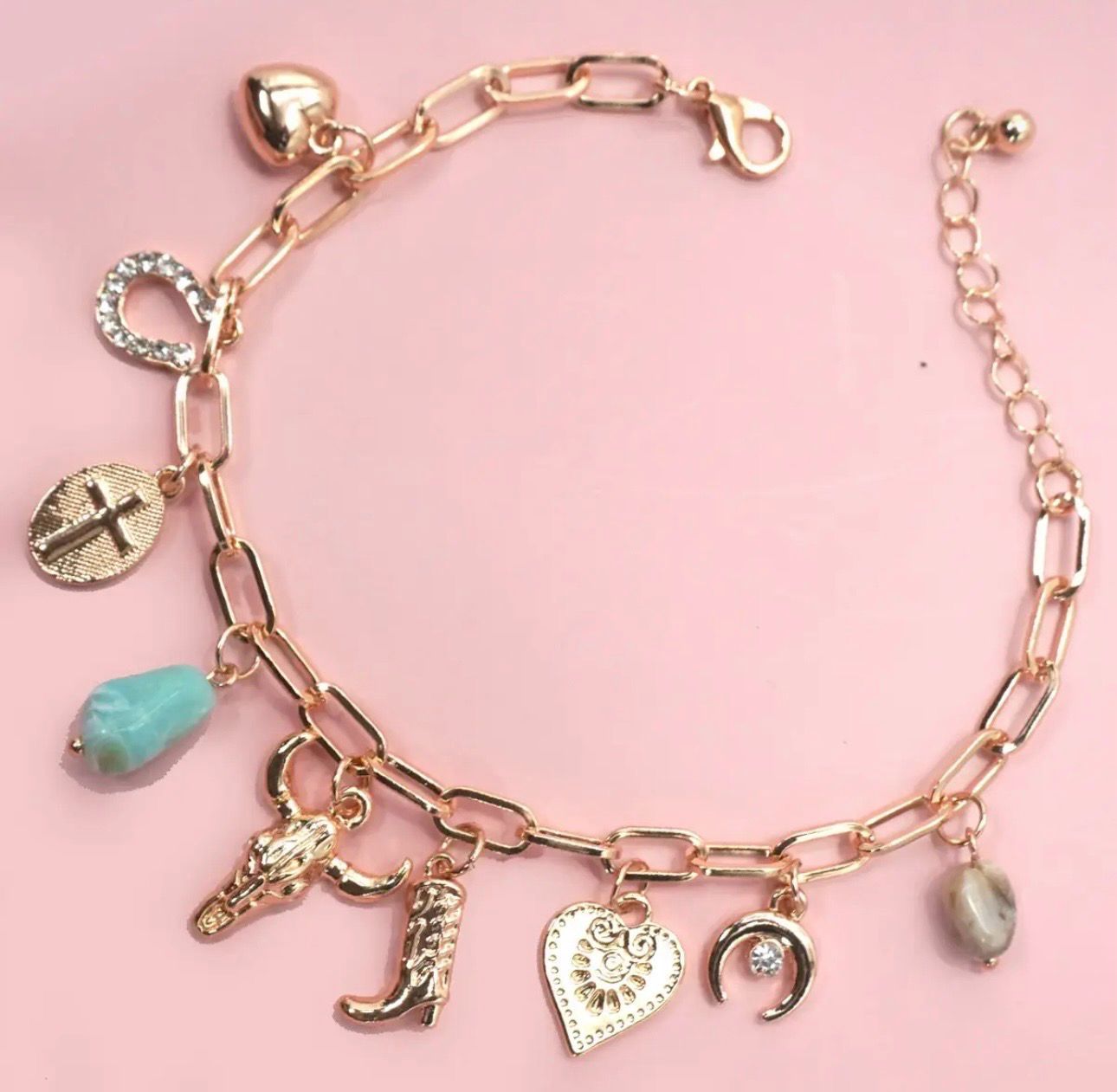Charm Bracelet Western Boot Bullhead Stone