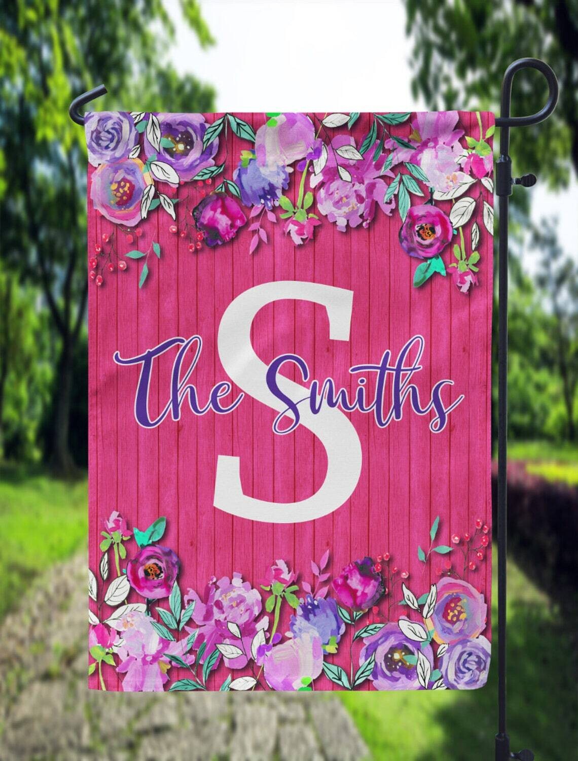 Bright Pink Wooden Floral Garden Flag