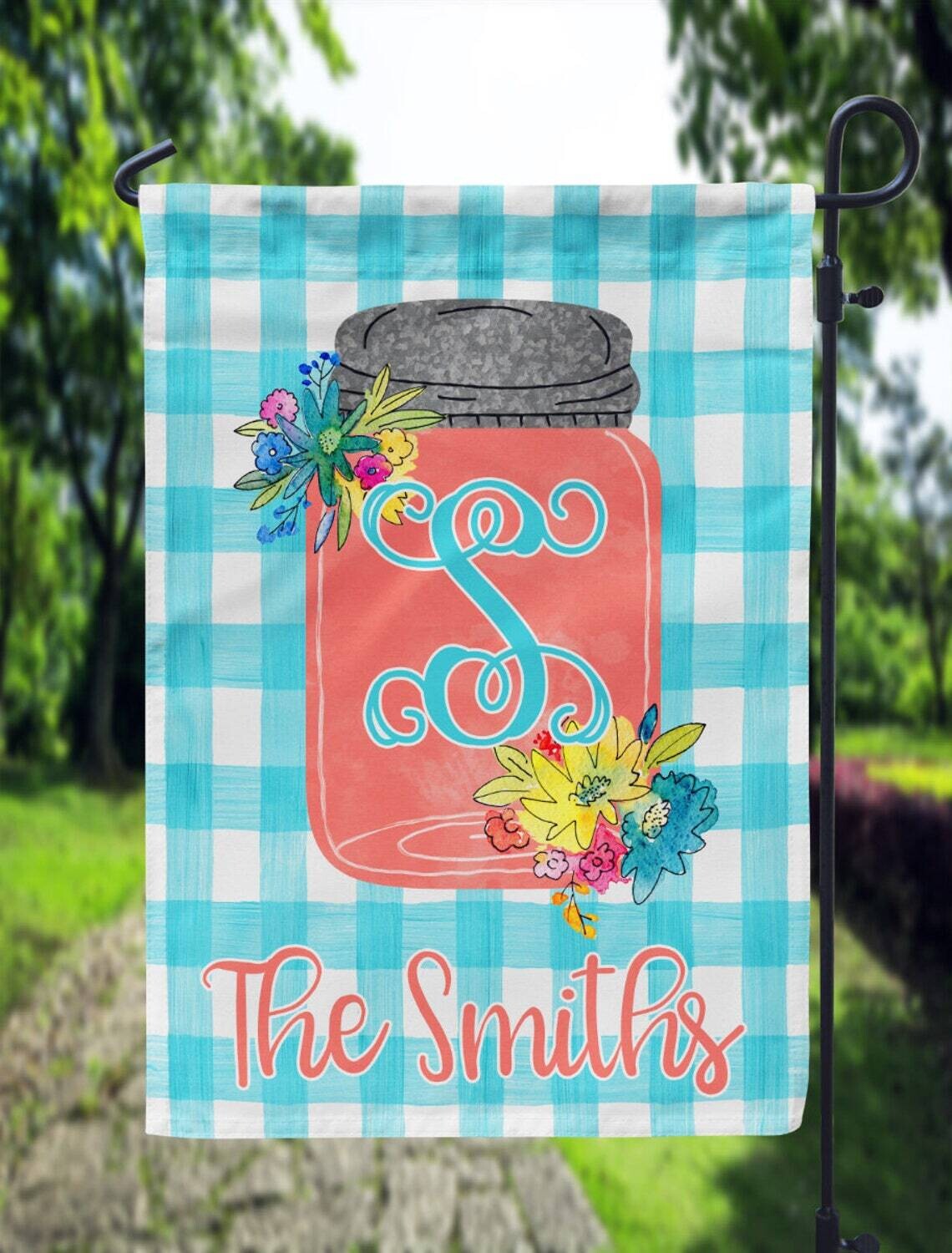 Coral and Teal Gingham Mason Jar Garden Flag
