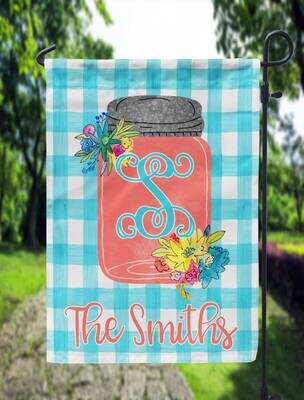 Coral and Teal Gingham Mason Jar Garden Flag