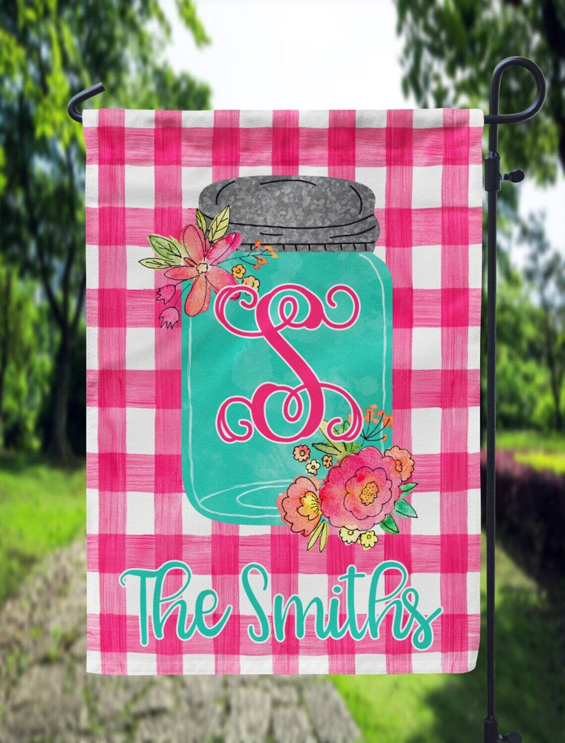 Pink and Teal Gingham Mason Jar Garden Flag