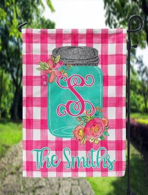 Pink and Teal Gingham Mason Jar Garden Flag