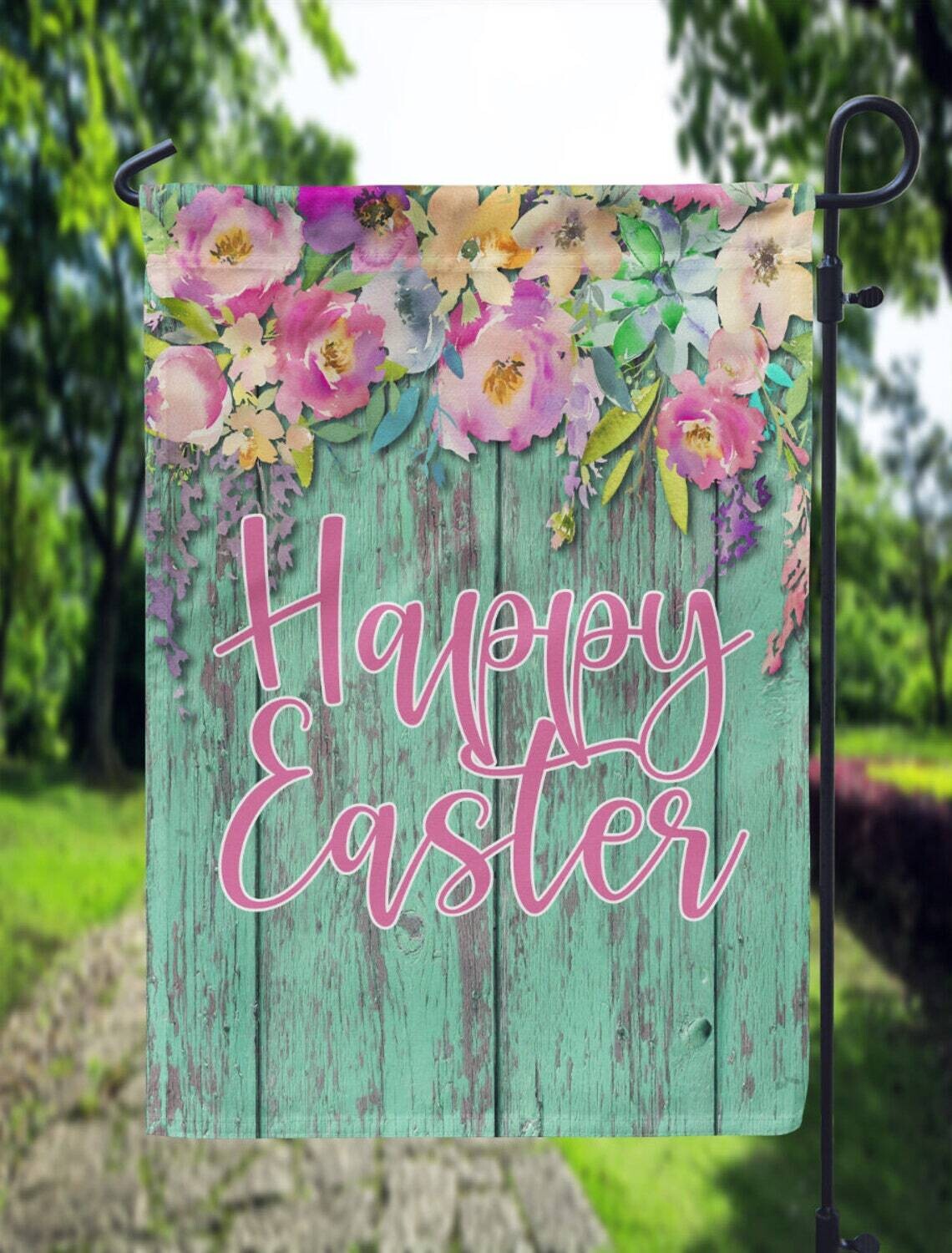 Wooden Floral Happy Easter Garden Flag