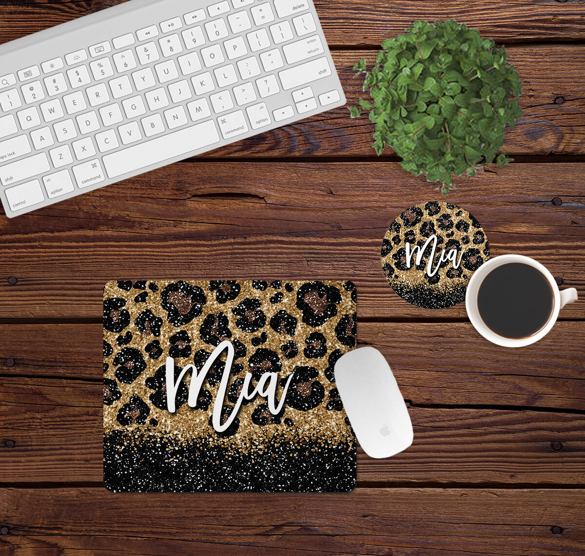 Leopard Print and Black Glitter Look Desk Set
