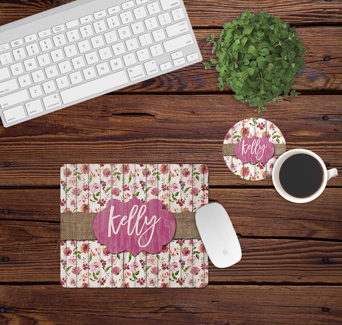 Pink Floral White Wooden Desk Set