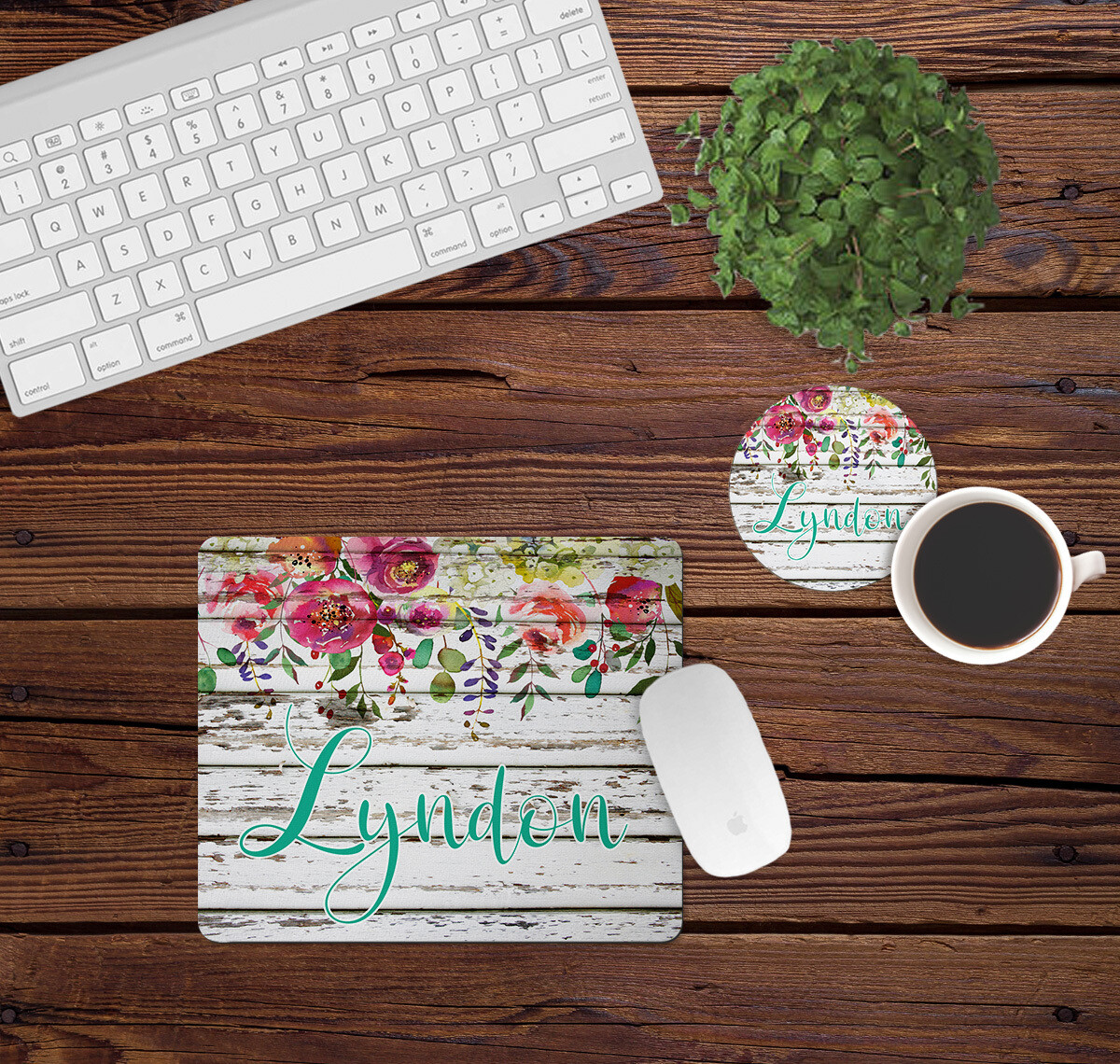 Watercolor Floral White Wood Desk Set