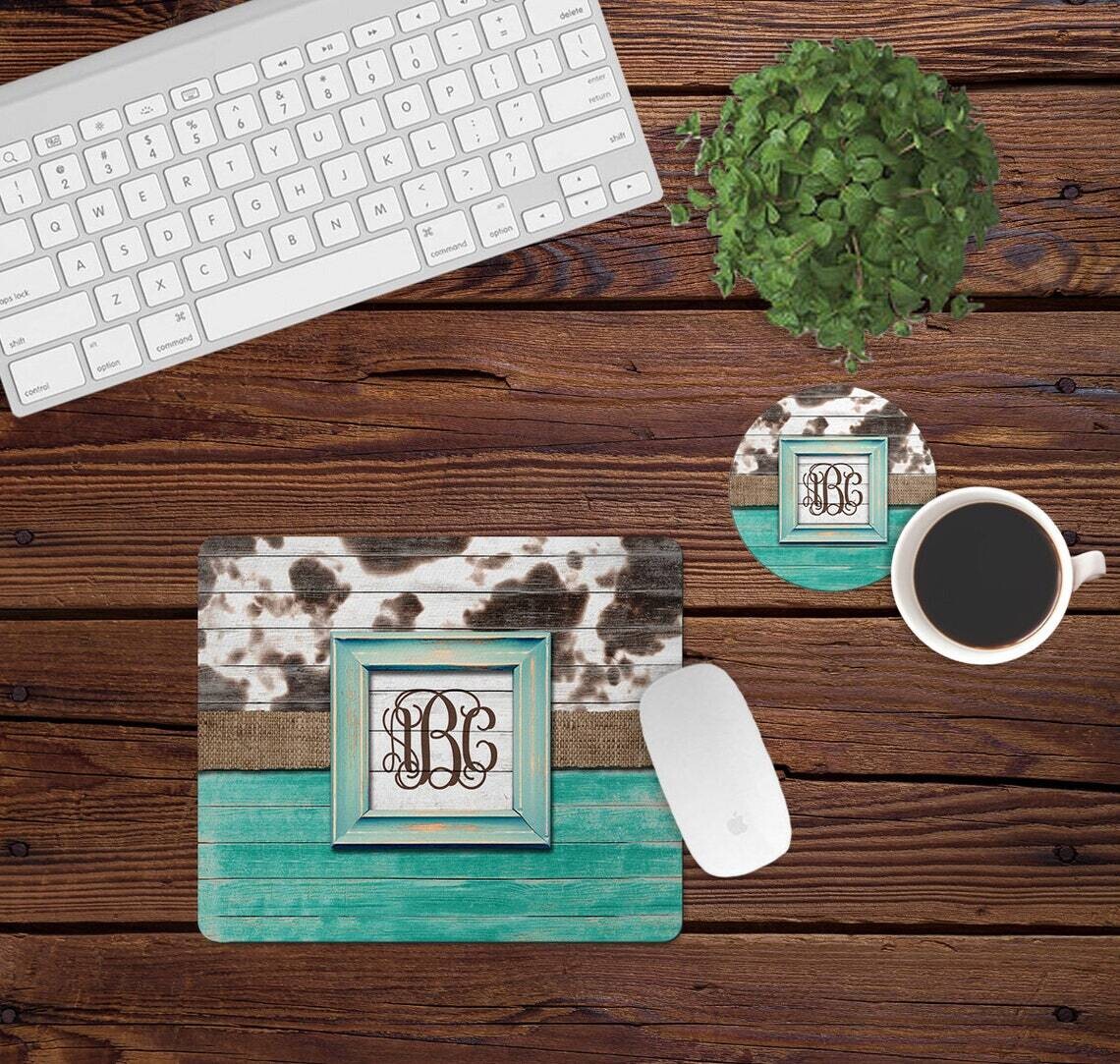 Wooden Turquoise and Cow Print Desk Set