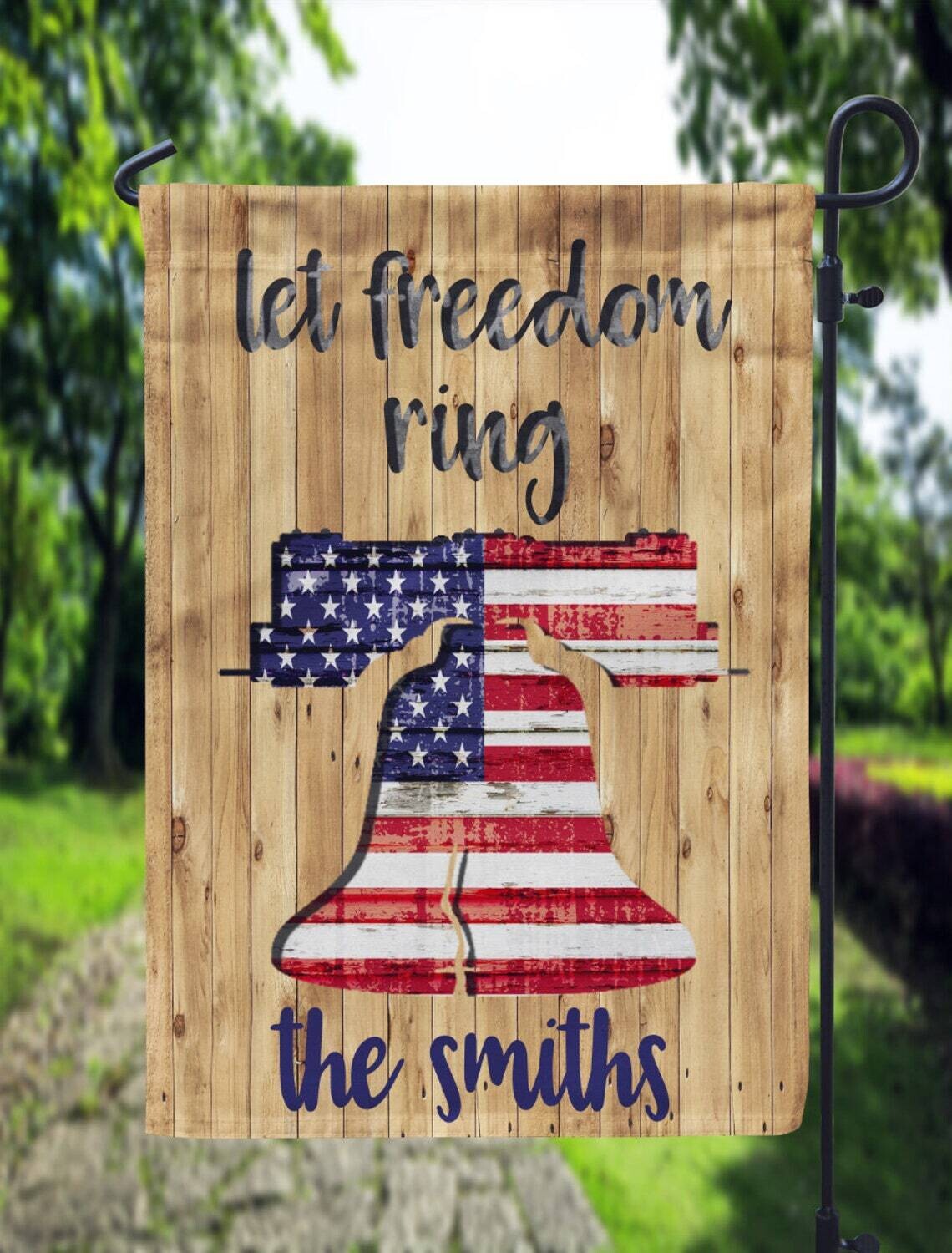 Let Freedom Ring Wooden Liberty Bell American Flag Garden Flag