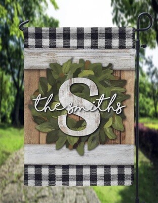 Wooden Buffalo Plaid Magnolia Wreath Garden Flag