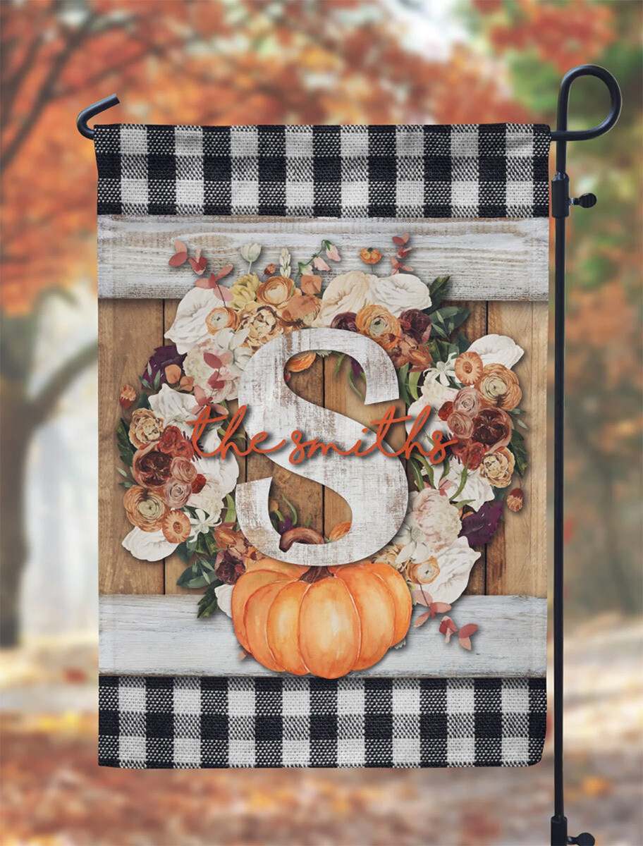 Wooden Buffalo Plaid Fall Floral Farmhouse Garden Flag