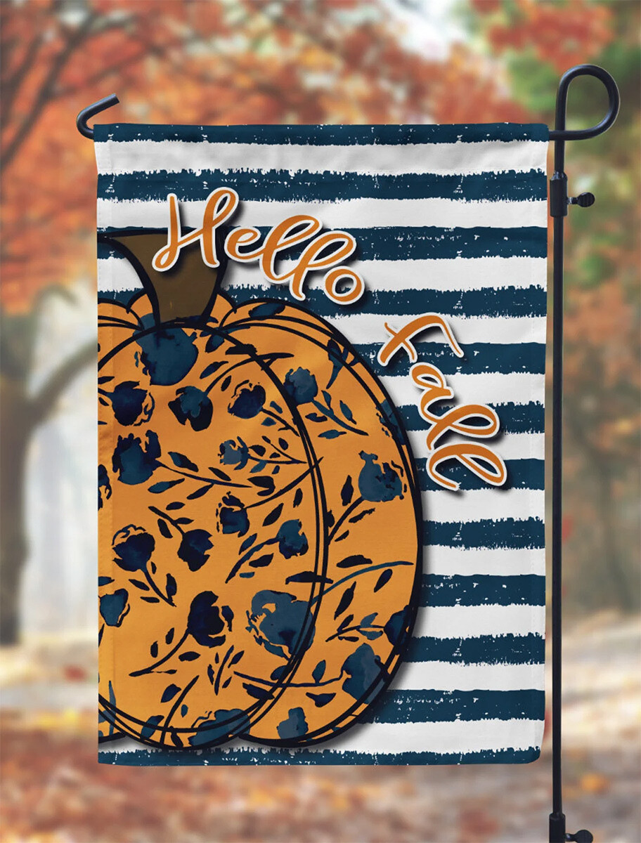 Navy Blue Striped Floral Pumpkin Hello Fall Garden Flag