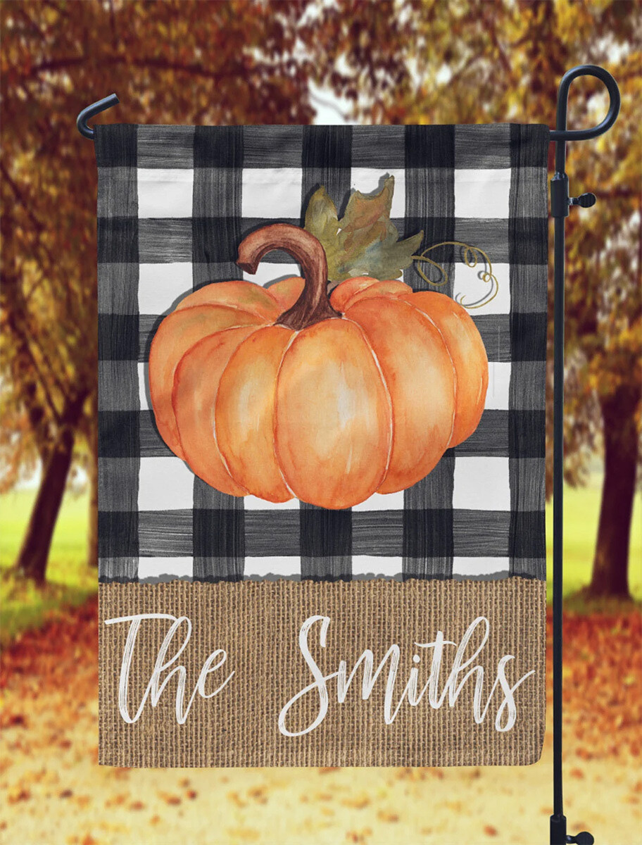 White Buffalo Plaid Burlap and Pumpkin Garden Flag