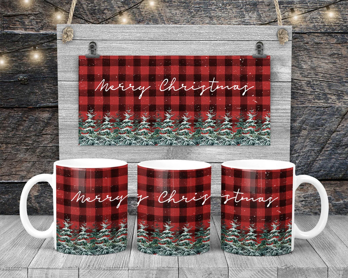 Snowy Christmas Tree Buffalo Plaid Mug