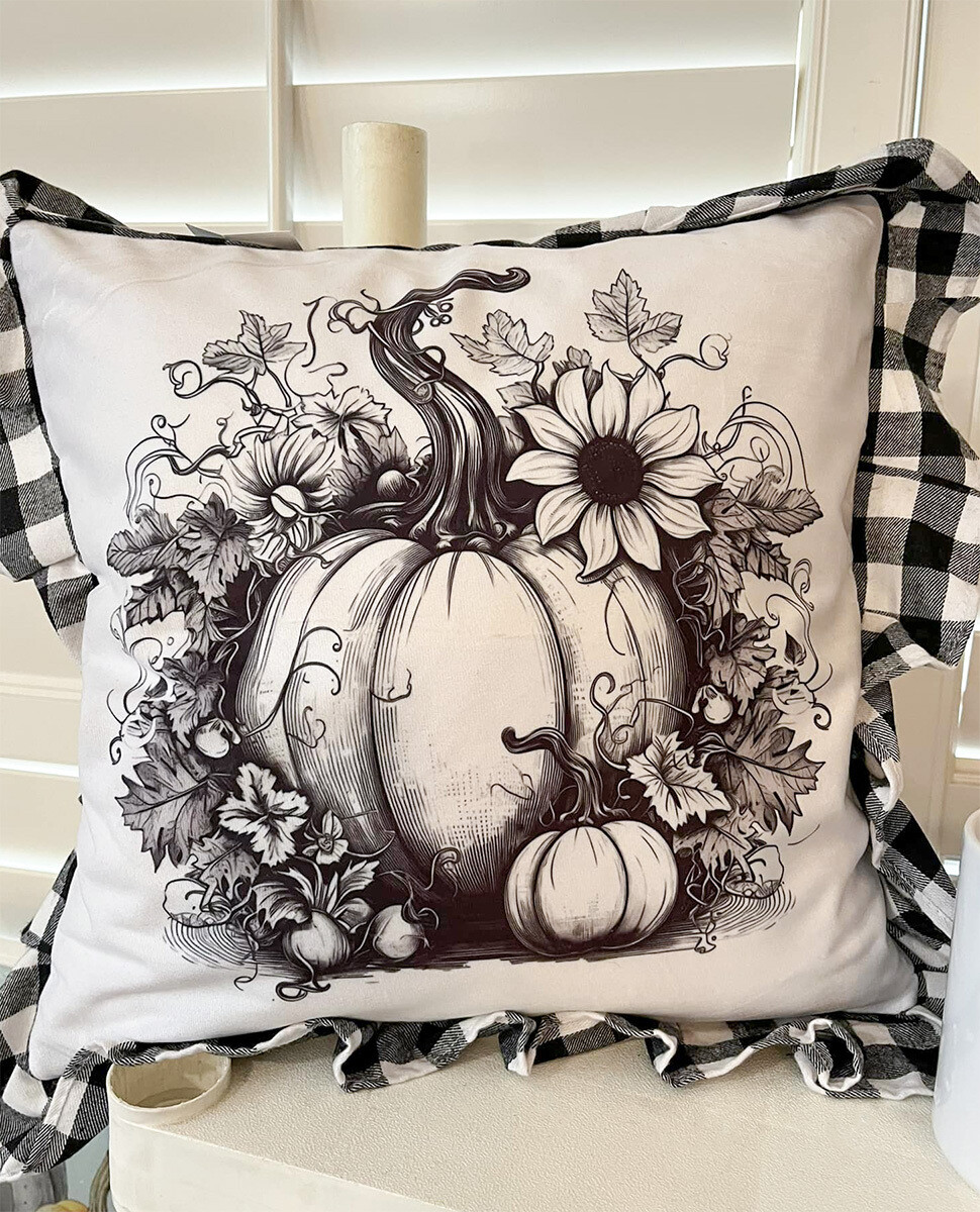 Fall Floral Sketch Pumpkin Pillow