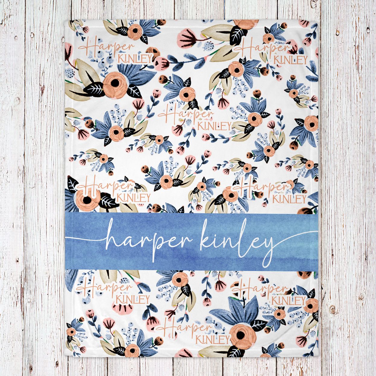 Blue and Peach Floral Baby Blanket