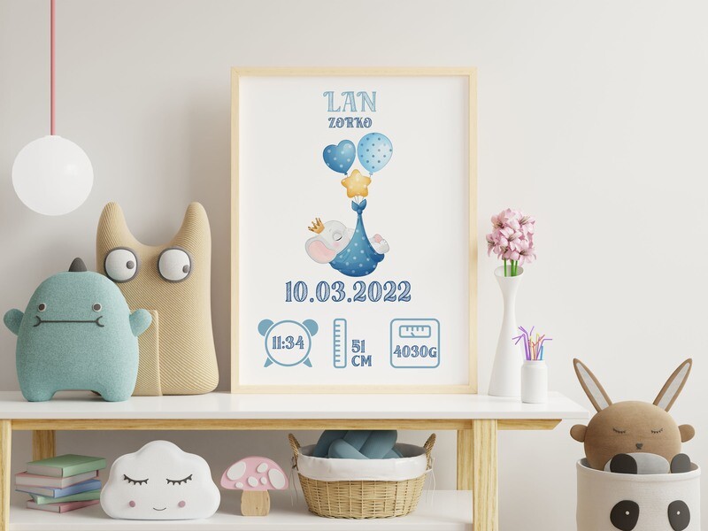 Grafika z rojstnimi podatki - slonček z balončki