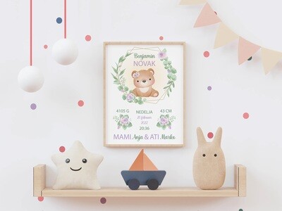 Grafika z rojstnimi podatki - medvedek nevtralen
