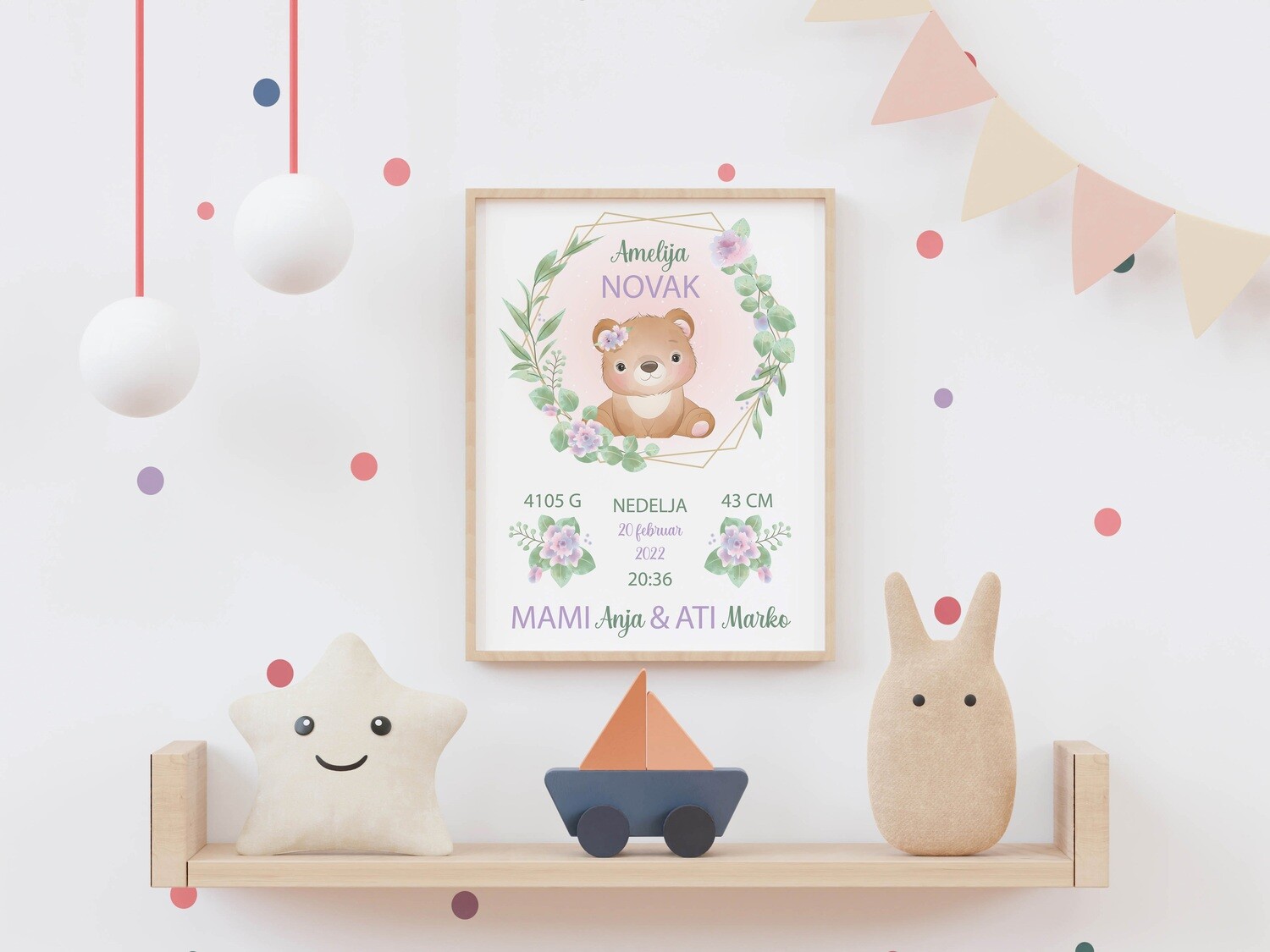 Grafika z rojstnimi podatki - medvedek roza
