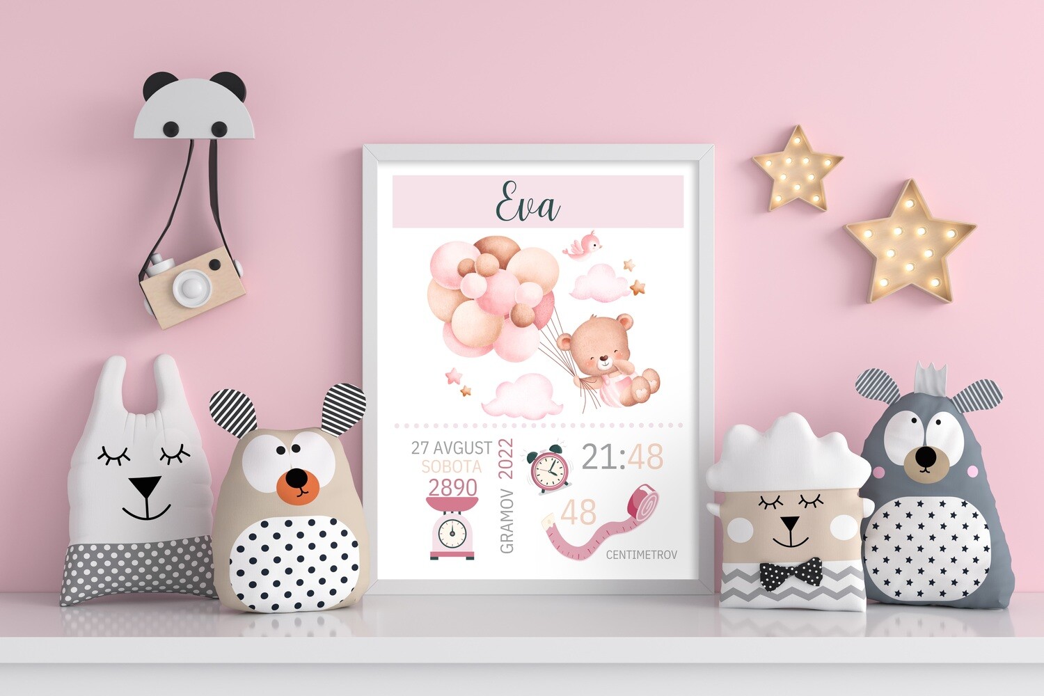 Grafika z rojstnimi podatki - medvedek z balončki roza