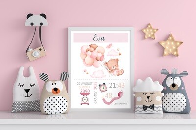 Grafika z rojstnimi podatki - medvedek z balončki roza
