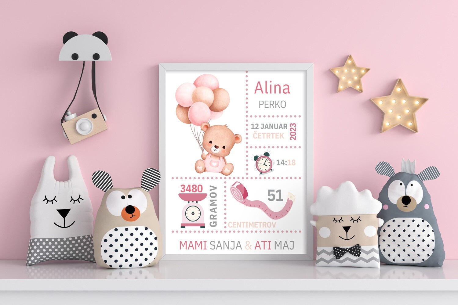 Grafika z rojstnimi podatki - medvedek sedi z balončki roza