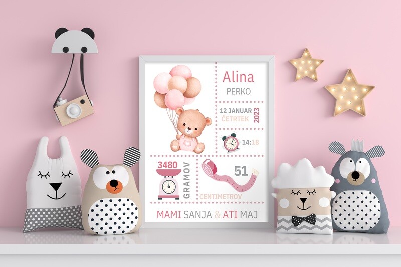 Grafika z rojstnimi podatki - medvedek sedi z balončki roza