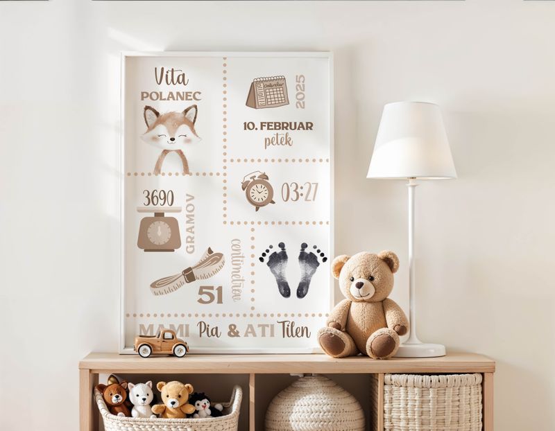 Grafika z rojstnimi podatki - izberi žival2 + set za odtis nogic