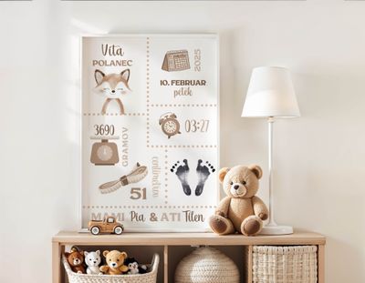 Grafika z rojstnimi podatki - izberi žival2 + set za odtis nogic