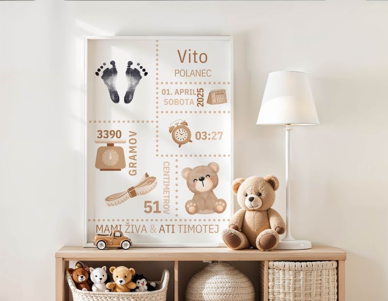 Grafika z rojstnimi podatki - medvedek1 + set za odtis nogic