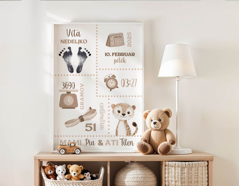 Grafika z rojstnimi podatki - izberi žival + set za odtis nogic
