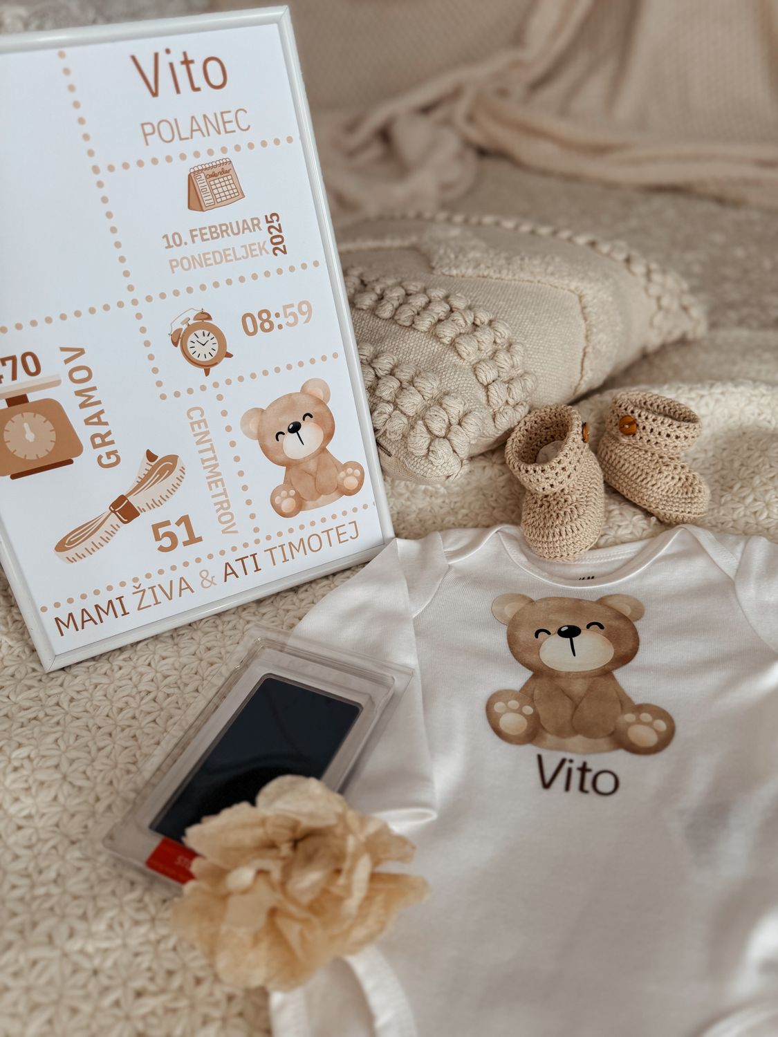 Paket 8 - Bodi, copatki in grafika z rojstnimi podatki in setom za odtis