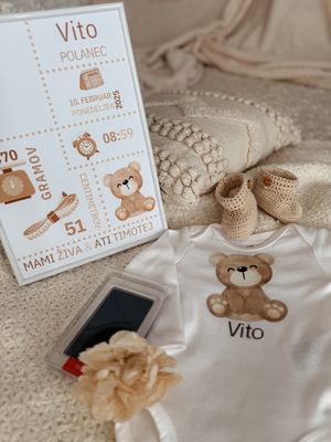 Paket 8 - Bodi, copatki in grafika z rojstnimi podatki in setom za odtis