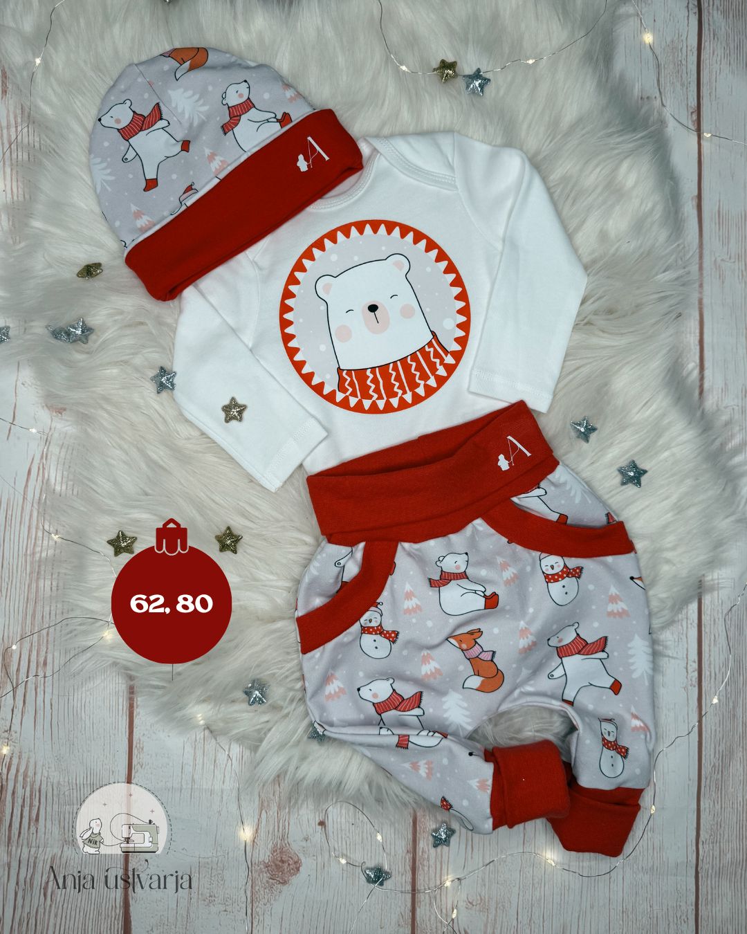 Kompletek božični - medvedki (hlačke, bodi in kapica)