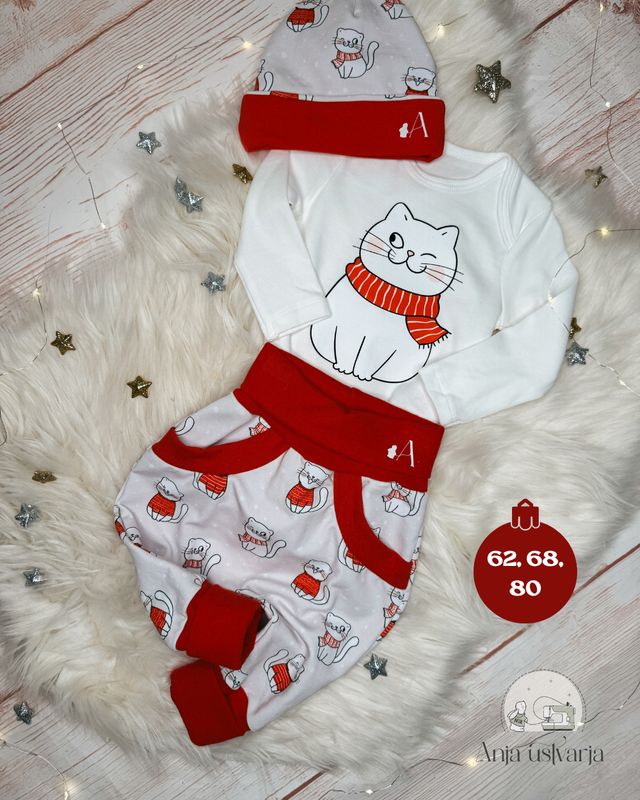 Kompletek božični - mucika (hlačke, bodi in kapica)
