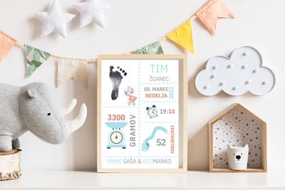 Grafika z rojstnimi podatki in set za odtis - medvedek sedi z balončki moder